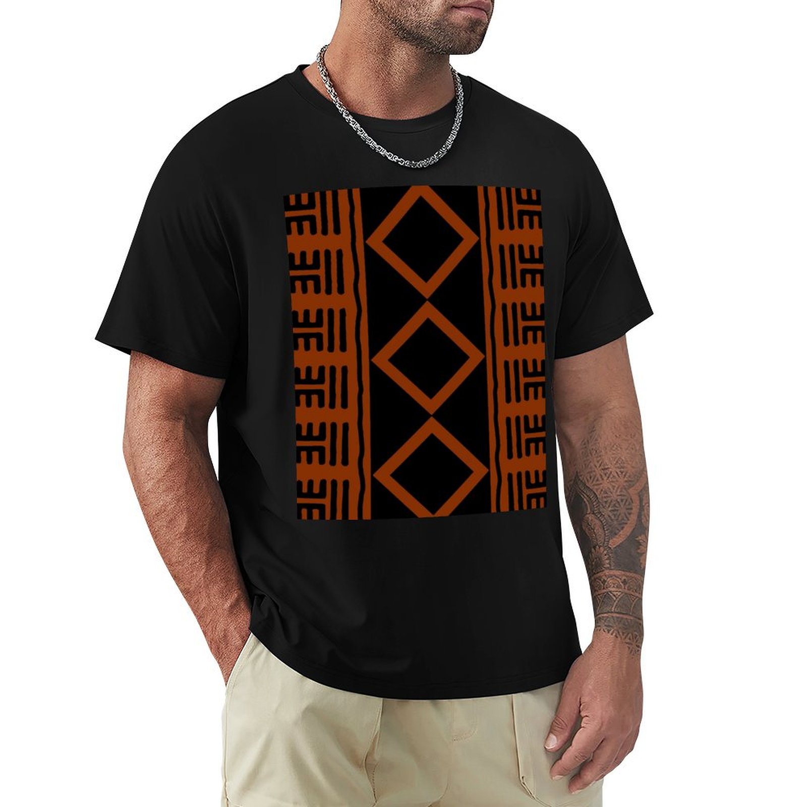 Mudcloth Print Top - Roestkleurig Afrikaans modderdoek T-shirt, basic casual